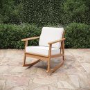 Premium Outdoor Wood Rocking Chair with White Cushions | Comfortable Patio Lounge Chair | Solid Wood Frame | Stylish Outdoor Furniture | Porch Rocker Chair for Garden or Balcony