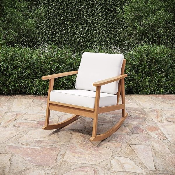 Premium Outdoor Wood Rocking Chair with White Cushions | Comfortable Patio Lounge Chair | Solid Wood Frame | Stylish Outdoor Furniture | Porch Rocker Chair for Garden or Balcony - Image 6