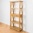 Natural Wooden Bookcase with Drawers – 5-Tier Open Shelf Storage