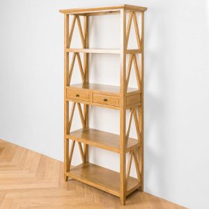 Natural Wooden Bookcase with Drawers – 5-Tier Open Shelf Storage