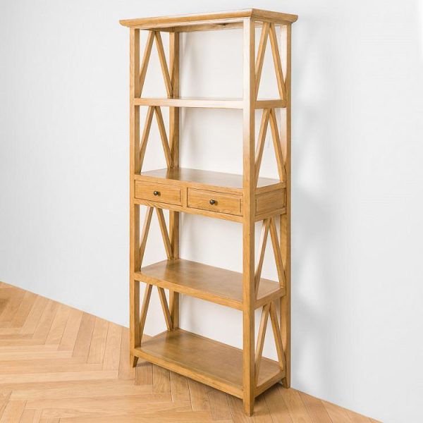 Natural Wooden Bookcase with Drawers – 5-Tier Open Shelf Storage