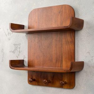 Brown Wooden Wall Shelf with Two Tiers & Hooks – Rustic Solid