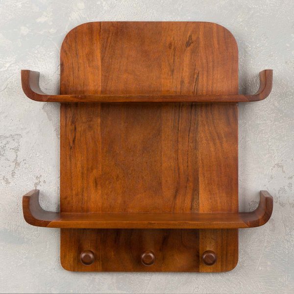 Brown Wooden Wall Shelf with Two Tiers & Hooks – Rustic Solid Wood Storage Rack for Kitchen, Living Room, or Entryway – Durable, Space-Saving, Stylish Home Décor - Image 8