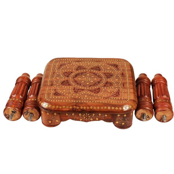 Premium Folding Wooden Stool with Brass Inlay – Handcrafted Brown Finish | Decorative Wooden Bajot Table | Traditional Design | Strong & Durable | Ideal for Home Decor, Pooja & Utility Use - Image 2