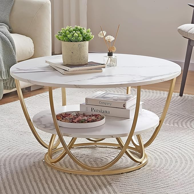 Elegant Round Coffee Table Set – White Marble Finish Top with Golden Iron Base | Luxury Modern Living Room Table | 2-Tier MDF Storage | Stylish Center Table for Home & Office Decor