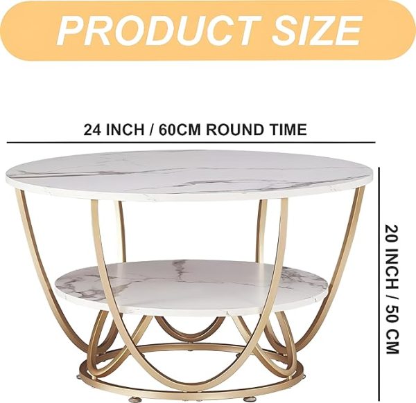 Elegant Round Coffee Table Set – White Marble Finish Top with Golden Iron Base | Luxury Modern Living Room Table | 2-Tier MDF Storage | Stylish Center Table for Home & Office Decor - Image 6