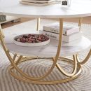 Elegant Round Coffee Table Set – White Marble Finish Top with Golden Iron Base | Luxury Modern Living Room Table | 2-Tier MDF Storage | Stylish Center Table for Home & Office Decor