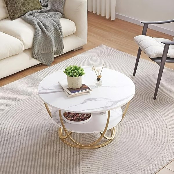 Elegant Round Coffee Table Set – White Marble Finish Top with Golden Iron Base | Luxury Modern Living Room Table | 2-Tier MDF Storage | Stylish Center Table for Home & Office Decor - Image 4