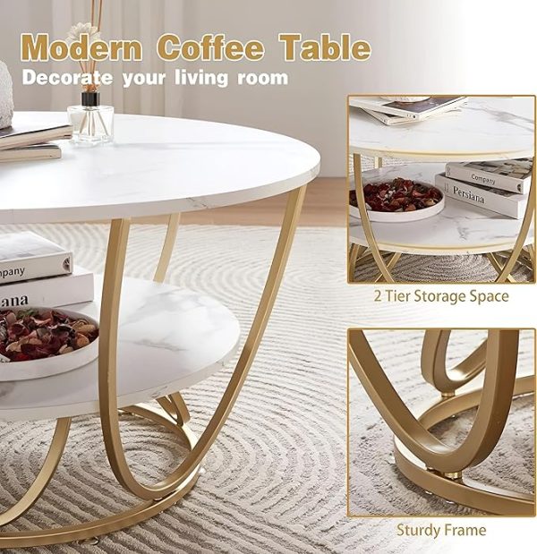Elegant Round Coffee Table Set – White Marble Finish Top with Golden Iron Base | Luxury Modern Living Room Table | 2-Tier MDF Storage | Stylish Center Table for Home & Office Decor - Image 3