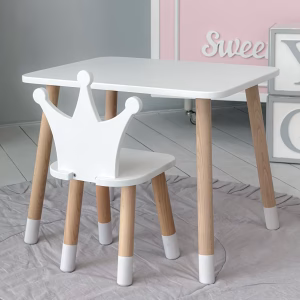 White & Natural Wooden Kids Chair and Table Set – Crown Backrest