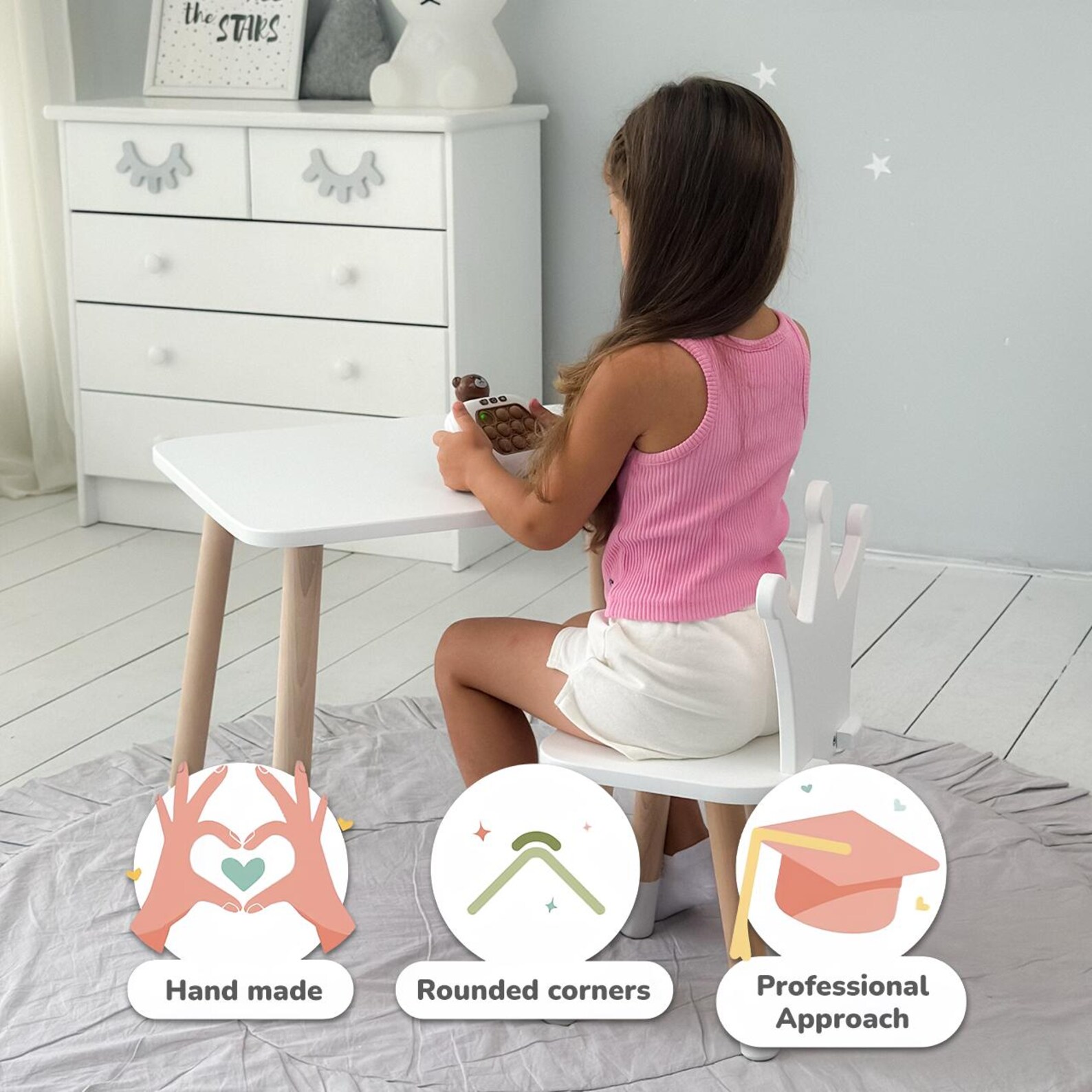 White & Natural Wooden Kids Chair and Table Set – Crown Backrest Chair, Modern Scandinavian Design Perfect for Playroom, Study, Nursery or Gift - Image 6
