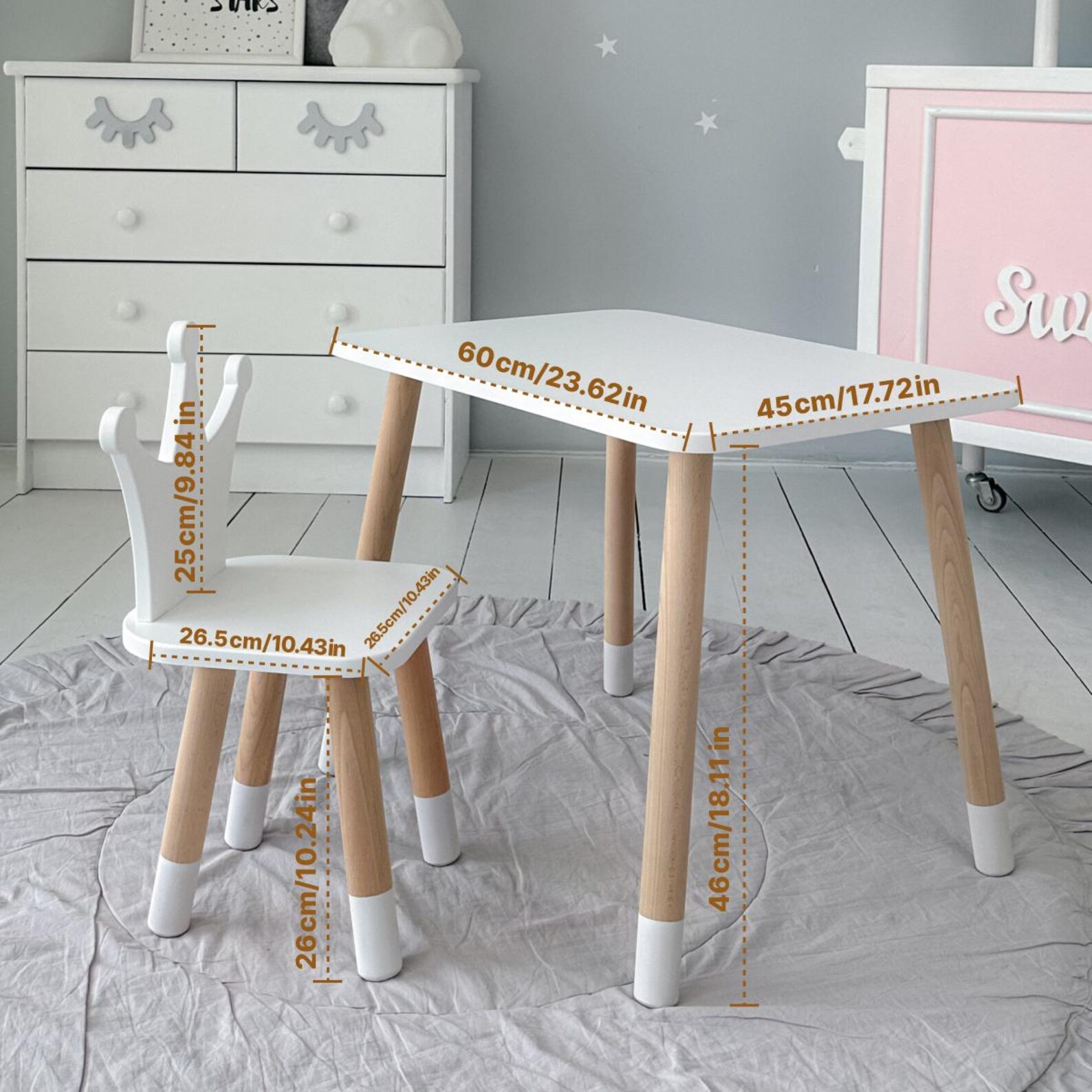 White & Natural Wooden Kids Chair and Table Set – Crown Backrest Chair, Modern Scandinavian Design Perfect for Playroom, Study, Nursery or Gift - Image 5