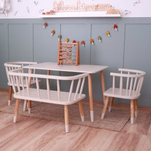 White & Natural Wooden Kids Table & Chairs Set – Solid Wood