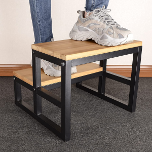 Solid Wood Step Stool for Adults & Kids 2 Tier Natural Step Ladder with Black Iron Frame Heavy Duty Kitchen Bathroom Bedside Stool Rustic Wooden Step Stand for Home