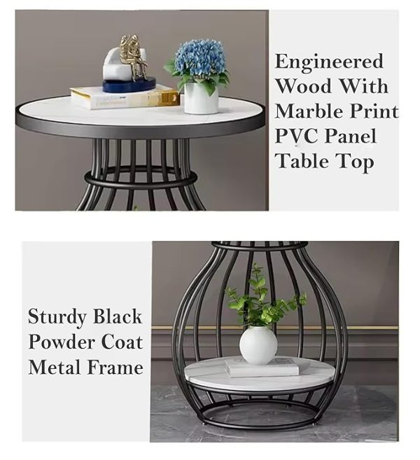 Modern Round Black End Table with Iron Frame | Stylish Side Table for Living Room & Bedroom | Dual-Tier White MDF Shelf | Decorative Small Coffee Table | Compact Accent Table - Image 3