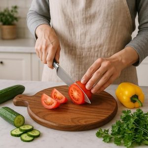 Natural mango wood round chopping board with handle for kitchen and serving
